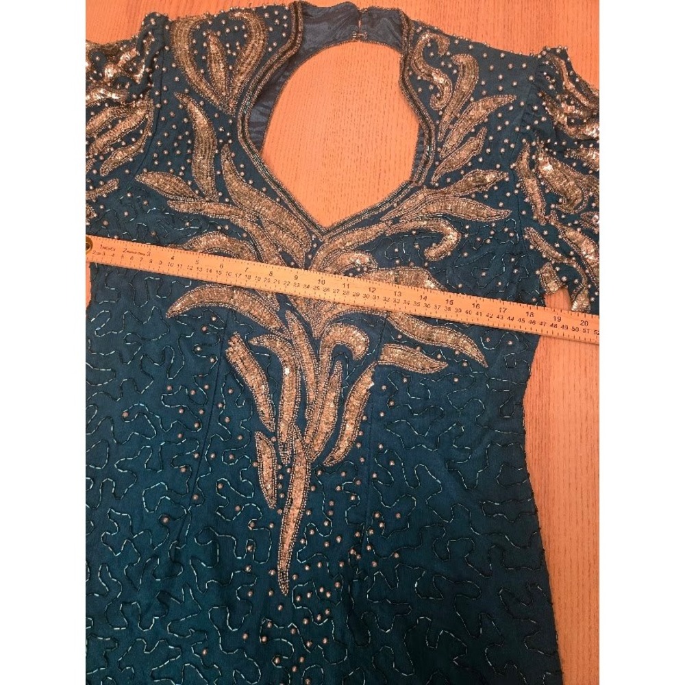 Vintage Silk Beaded Sequin Maxi Dress Teal Gold Keyhole Back Evening Gown Size L - Picture 7 of 13